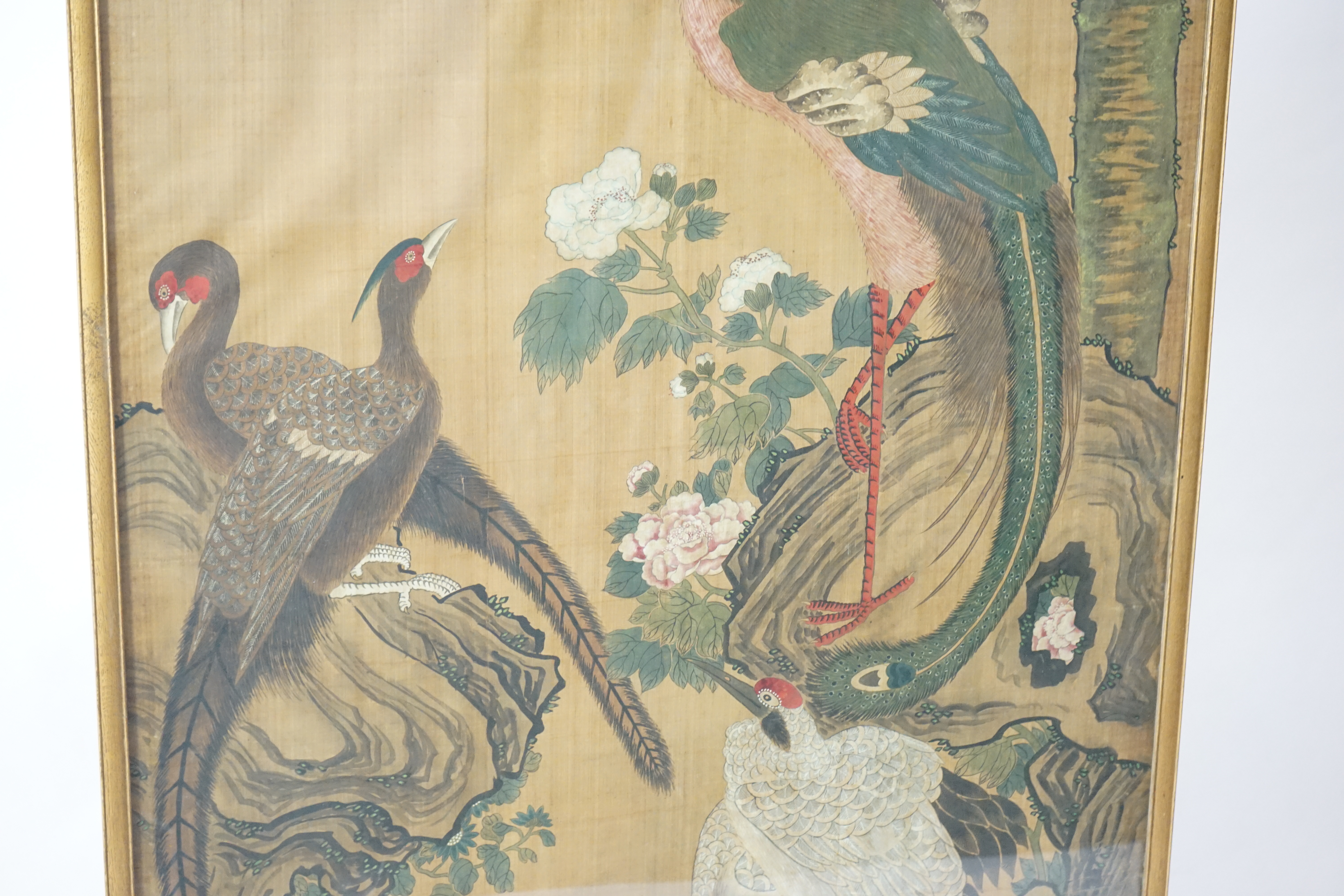 A large Chinese painting on silk of birds, late 19th/early 20th century, signed Lu Ji